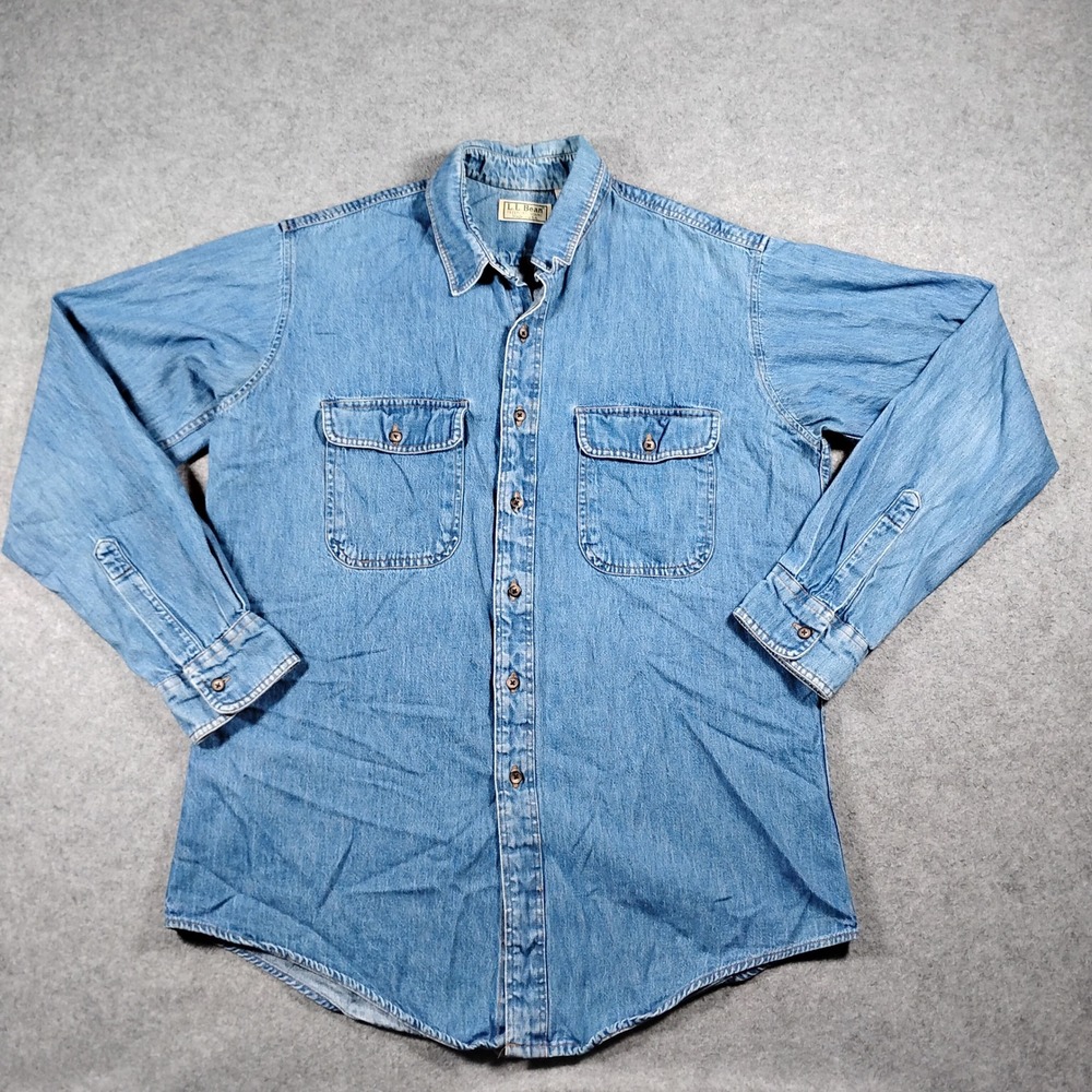 LL Bean Men's Large Tall Denim Button Down Shirt Blue Long Sleeve